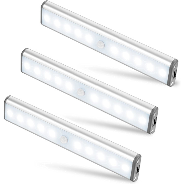 Et sett med 3 10 LED-lys, trådløs, USB-lading, magnet, bevegelse