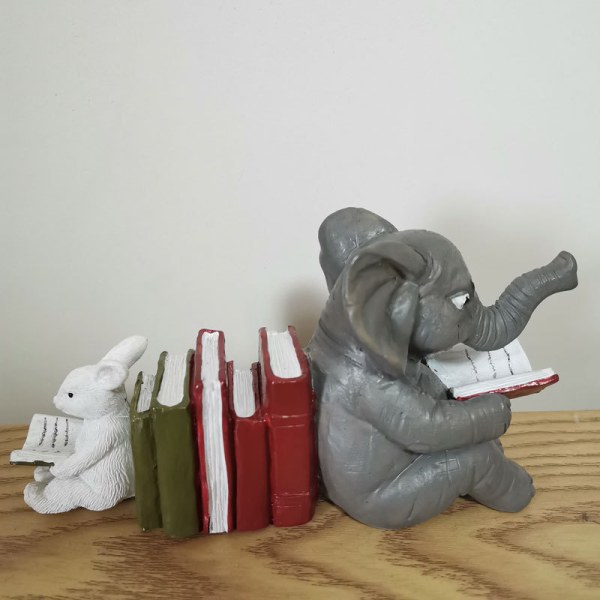 Elephant Rabbit Reading Book Patsas Kirjahyllyn sisustus, Resin Mini H