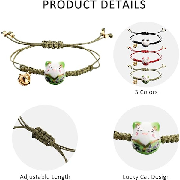 3 st Maneki Neko-armband med söta lyckokatter i keramik