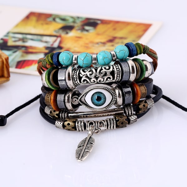 Boho National Stone Multilayer Leather Bracelet Evil Eye Charms T