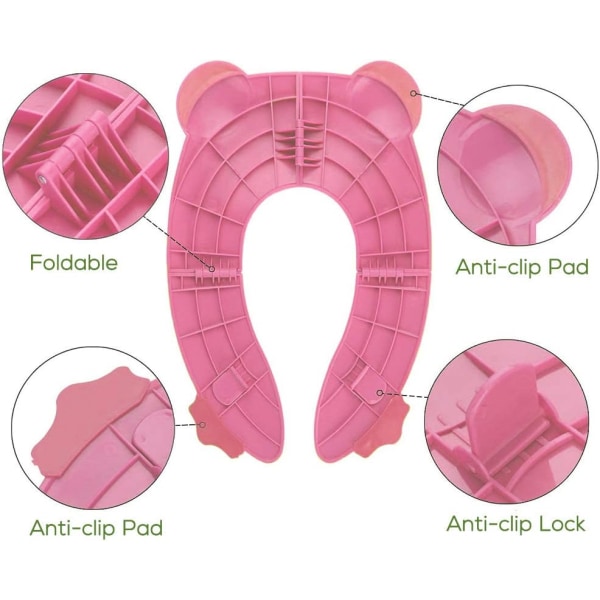 Hopfällbar resetoalettstol för barn Bärbar toalettstol för babykomfort PP-material med 4 halkfria silikonkuddar och 1 bärväska——Rosa