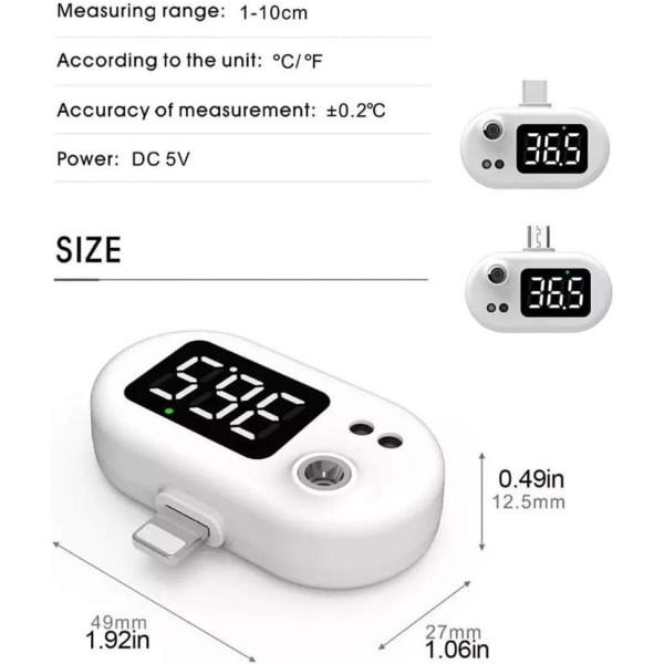 Kontaktfri mobiltelefontermometer, mini-infrarødt termometer med LED-skærm, høj præcision, miljømåling, velegnet til iPhone-hoved