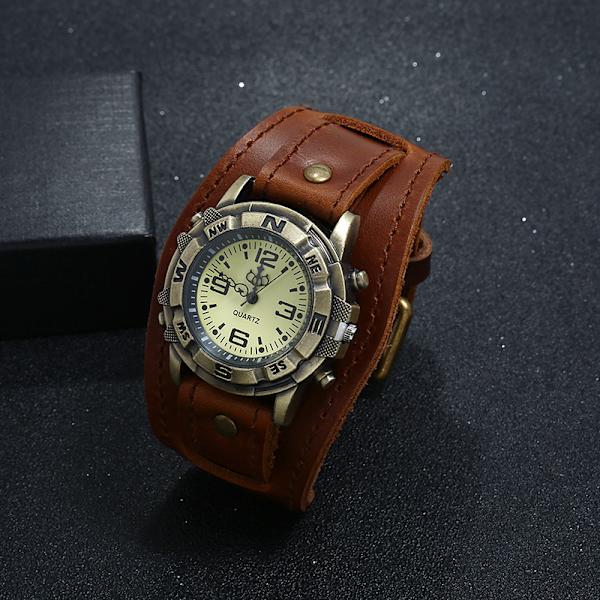 Unisex Punk Retro Bronze Rund Dial Brun Bred Læder Rem Strop