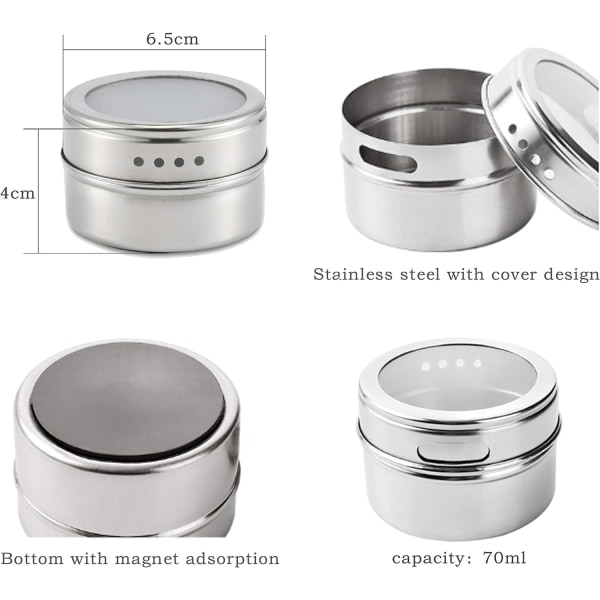 Magnetiske krydderiglas, sæt med 12 magnetiske krydderidåser, rustfrit stål