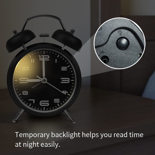 4 tums väckarklocka för tunga sovare, icke-tickande tyst, nattljus