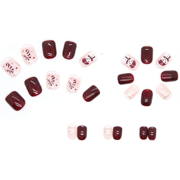 24 Pcs Short Glue-on Christmas Fake Nails, Burgundy White Snowman