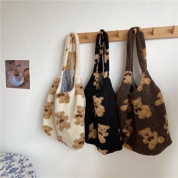 Kvinnor Lammliknande Tyg Axelväska Canvas Fluffy Fur Bear Handväska Stor Kapacitet Mjuk Shoppingväska Flickor Söt Skolväska, 1 st-brun