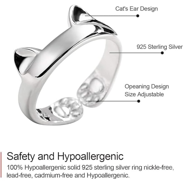 S925 Sterling Silver Kattöron Öppen Svans Ring Tassar Ömsesidig Omgivning
