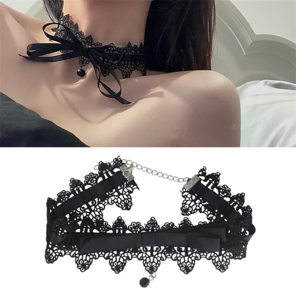 Black Lace Gothic Halloween Costume Choker Boho Lace Crystal Coll