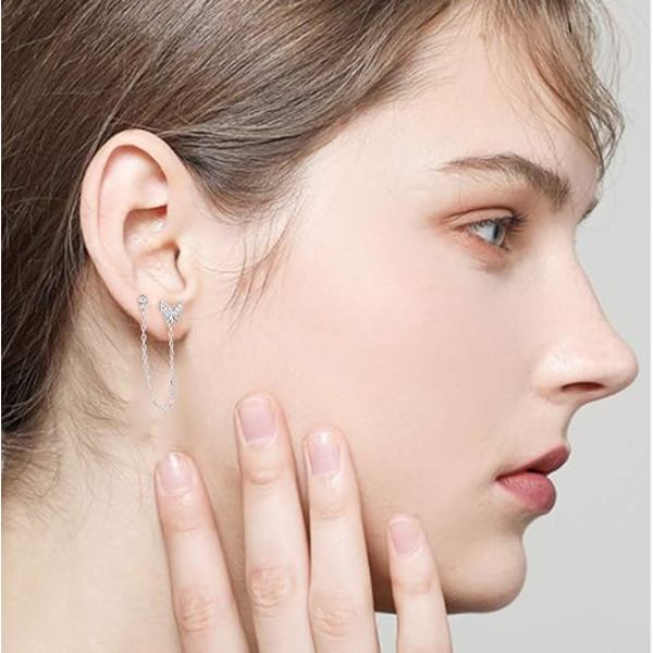 Dobbelt Hul Butterfly Halo Lille Stud Cuff Wrap Kvast Kæde Cra
