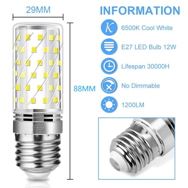 6-pack E27 12W LED-lampor (Motsvarar 100W halogenlampa) 1200LM Kalla