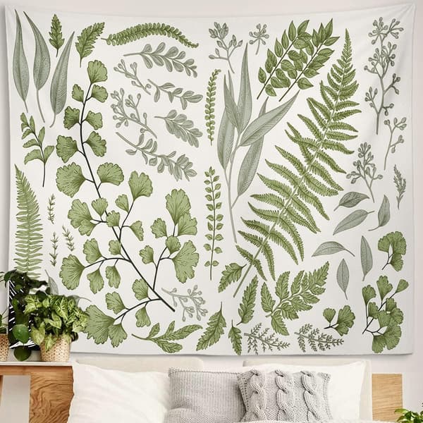 Botanisk polyestertyg gobeläng blommig grön vit vår vägg