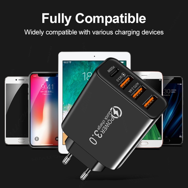 Hurtig oplader 3.0 USB-strømadapter og USB C-kabel, QC 3.0 30W/6A