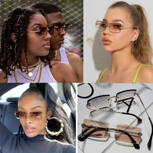 Rimless Rectangle Sunglasses for Women Men,Trendy Fashion Sheer P