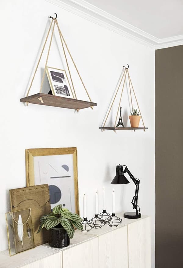 Hengende hyller i tre for vegg Boho Decor Swing Rope Rustic Floati