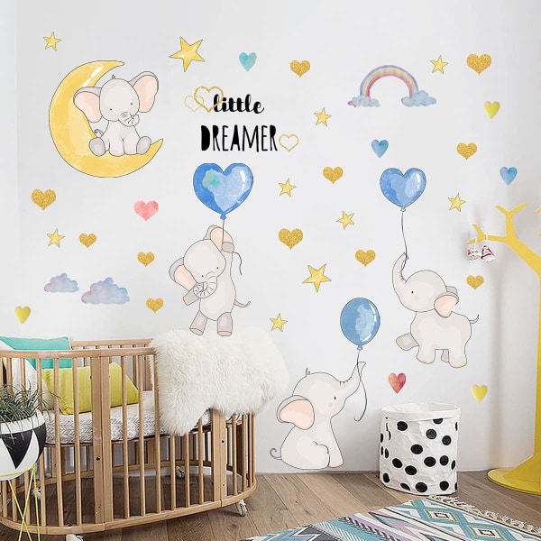 Little Dreamer Flying Balloon Elephant Wall Decals, Cute Cartoon