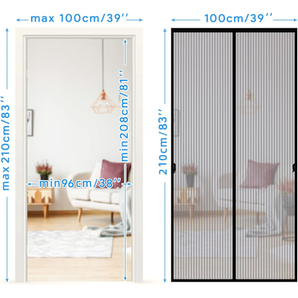 Myggenet Dør Vindue 100x210, Magnetisk Automatisk Lukning, Ultra Fint Maskenet, Anti-Støv, Myggenet Gardin Til Dør Vindue