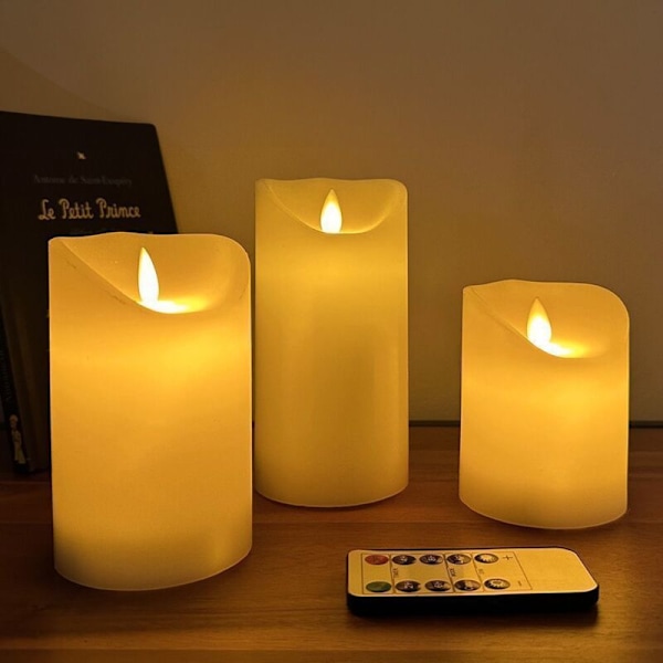 Set med 3 LED-ljus med fladdrande låga och fjärrkontroll