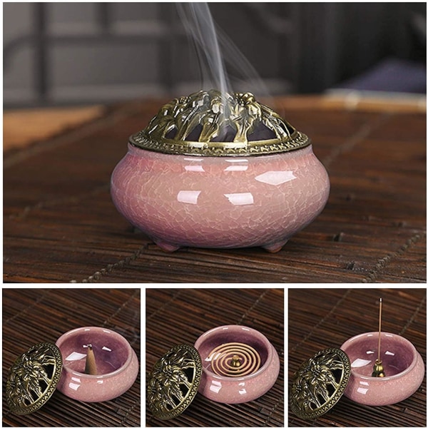 Ceramic Incense Burner, Porcelain Charcoal Censer, Brass Calabash Incense Sticks and Metal Lid, Delicate and Durable, Ideal for Yoga and Meditation