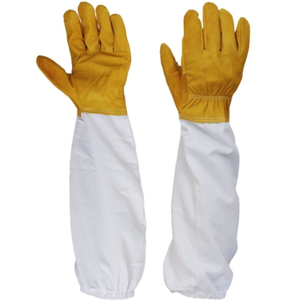 1 par hansker med lange ventilerte ermer Profesjonell anti-bibeskyttelse for birøkter birøkter - gul og hvit