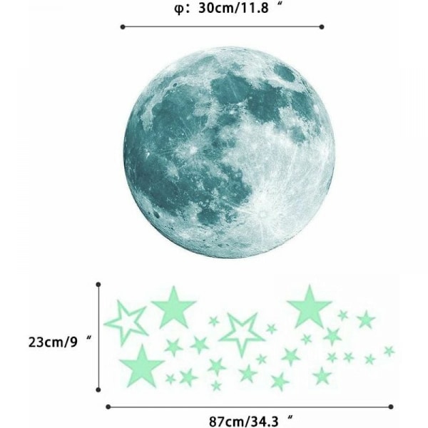 Luminous 27 stk. Stjerner og 30 cm Måne Stickers Gløder i Mørket Fluo
