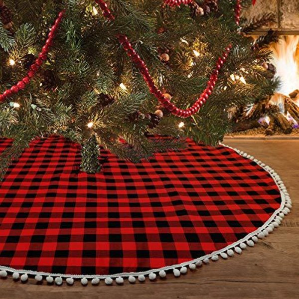 Christmas Tree Skirt Bottom Cover, Red Pompoms Tree Skirt, Creati