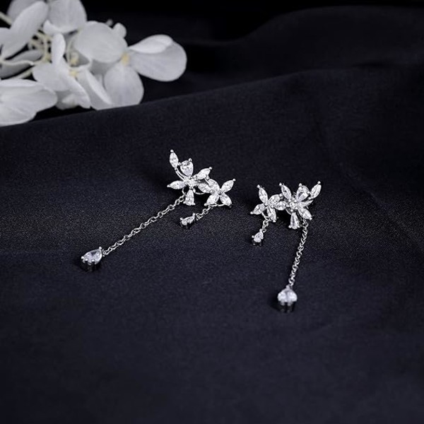 925 Sterling sølv CZ Flower Wrap øredobber anheng kjede Elegant