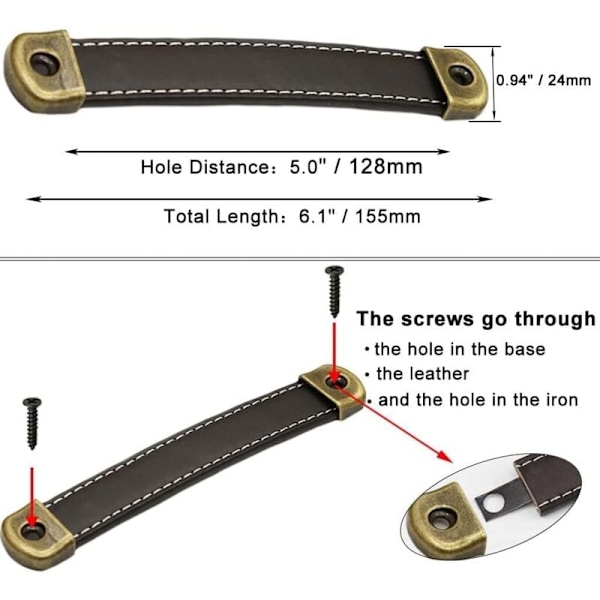 Läderhandtag, läderlådhandtag, hålavstånd 128 mm, 6 stycken (svart)