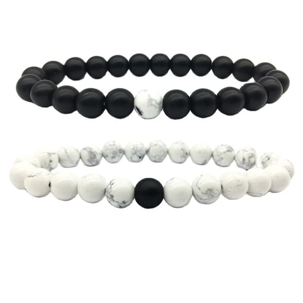 Sæt med 2 sorte og hvide silikoneperle-armbånd til mænd og kvinder