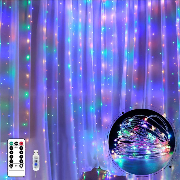 Girlanggardin, USB 300 LED 3m*1m 8 belysningslägen, fönsterdekor