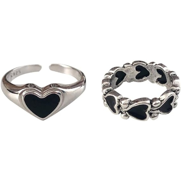 Gothic Vintage Ring Set Fairy Trash Black Hearts Stapelbar Vintag