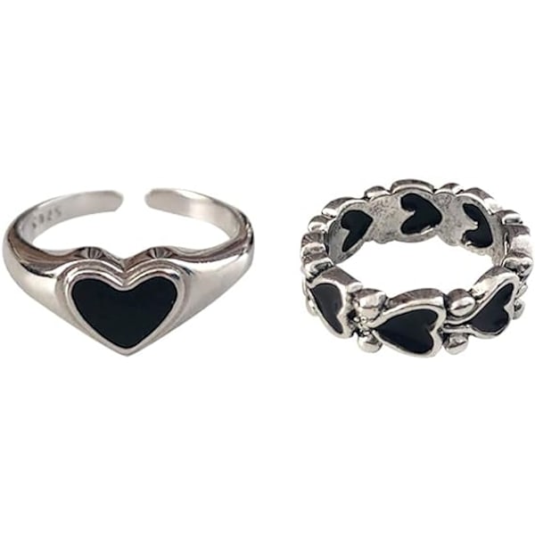 Gotisk Vintage Ring Set Fairy Trash Black Hearts Stapelbar Vintag