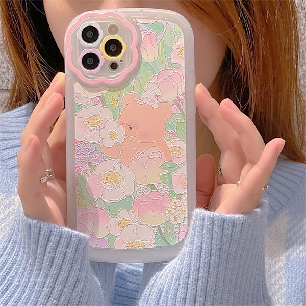 iPhone 13promax -kotelo, söpö sarjakuva-karhu puhelimen kansi, kukka