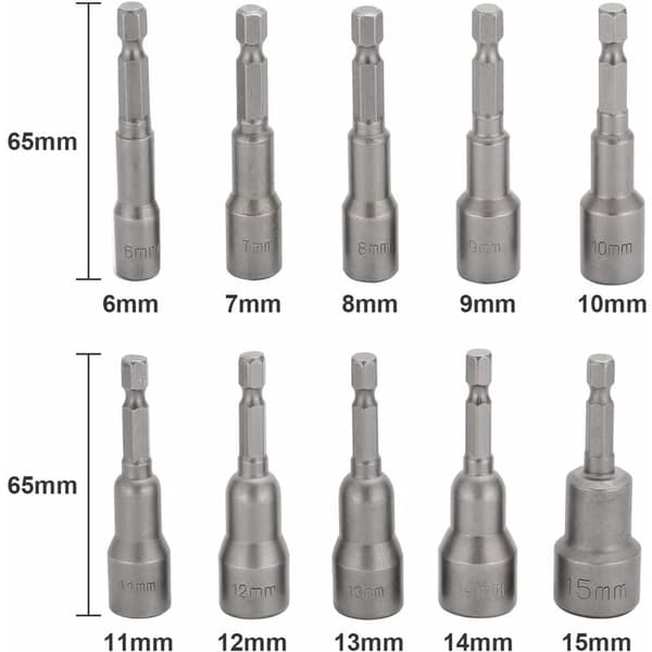 10 stk. Slagnøglebitsæt, 6-15 mm Magnetisk Hex Bit Nøglesæt