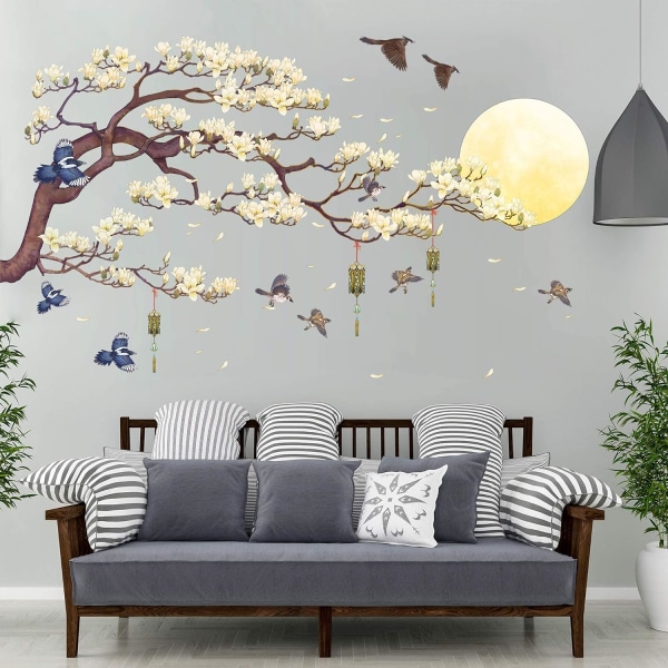 White Magnolia Tree Branch Flying Birds Wall Stickers Peel and St
