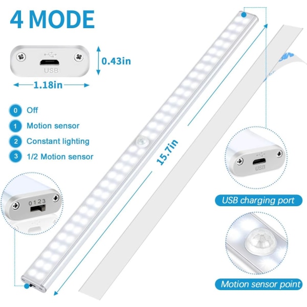 60 LED-skabslámpa, bevægelsessensor skabslámpa, USB genopladelig,