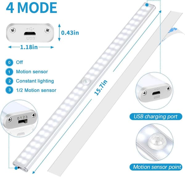 60 LED-skaplampe, bevegelsessensor skaplys, USB-oppladbar,