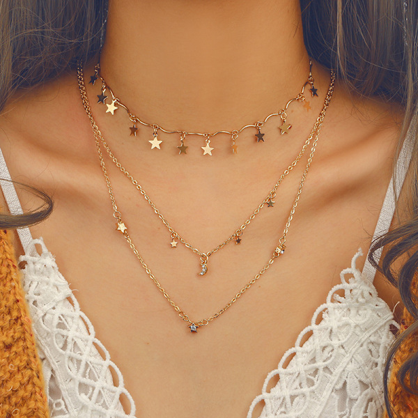 Bohemia Gold Tre Lagdelt Halskæde Stjerne Choker Guld Choker Sol S