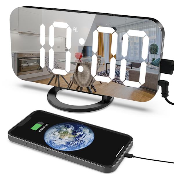Digitalt vækkeur, stort spejlet LED-display, med USB-oplader