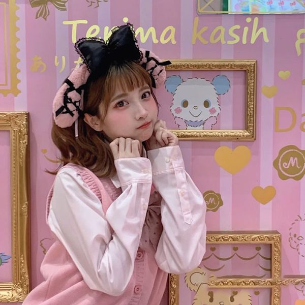 Anime plysch pannband söt Lolita stora öron hund kanin rosett huvudbonad