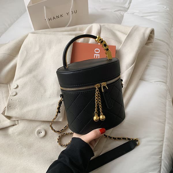 Dames Cylinder Top Handle Crossbody Taske Sort