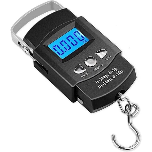 Elektronisk bagasjevekt, LCD Digital Bærbar Elektronisk Fiskevekt Digital Koffertvekt Reisevekt (Maks: 50 kg) med Krok + Målebånd (100