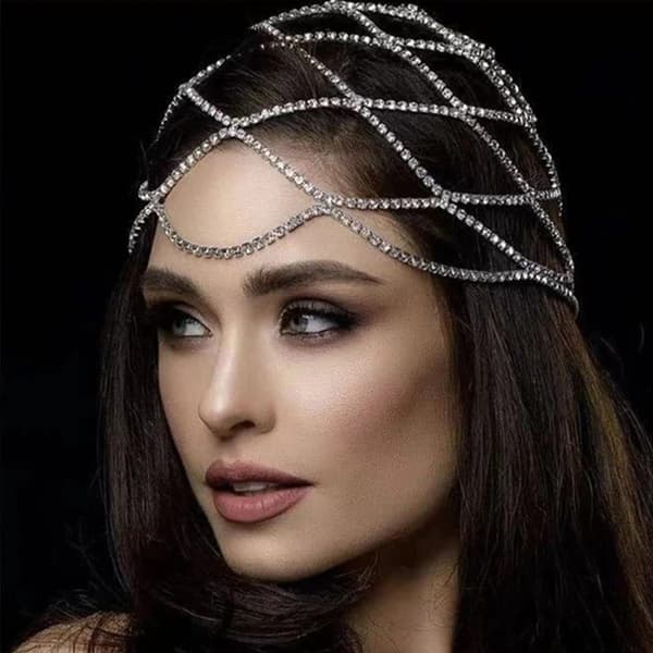Rhinestone Mesh Huvudbonad Mössa Silver Roaring 20s Crystal Flapper