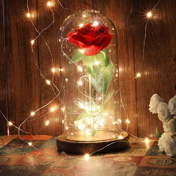 Evig rose i elegant glasskuppel med furubase LED-lampe, Everl