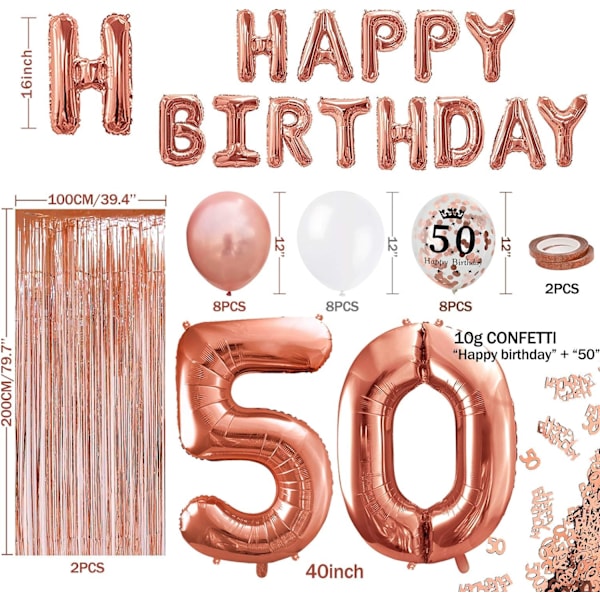 50-års roséguld födelsedagsdekoration, grattis på födelsedagen banderoll, han