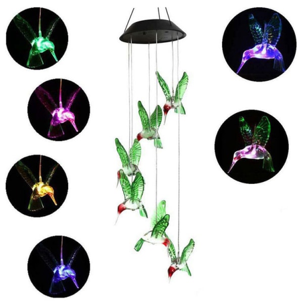 Solar LED Moving Bell Wind Chime with Six Waterproof Hummingbirds