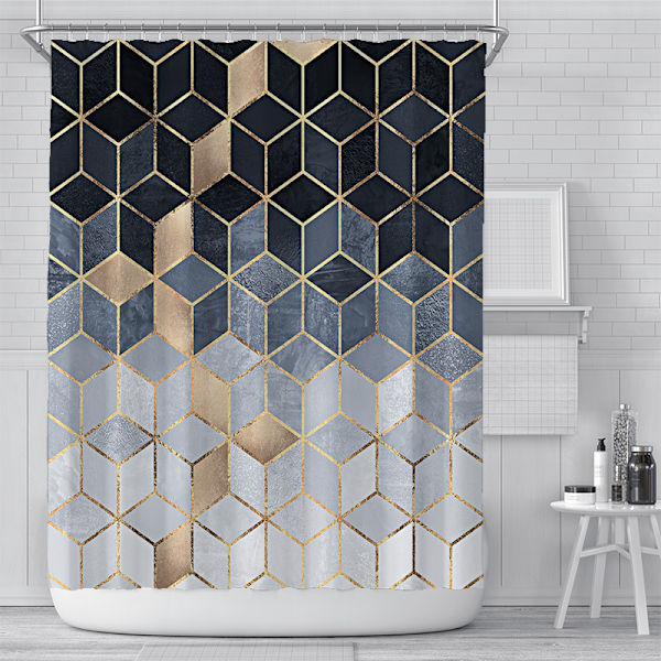 Marmor Duschdraperi Abstrakt Geometriskt Rutnät Kubiska Guldlinjer Mo