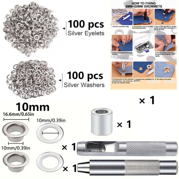 Öljetter Grommets Kit, 100 Set 10mm Öljetter, Presenningsreparationskit, Med 3st Grommet Öljetter Verktyg Öljetter Kit för Presenning, Tyg, Gardiner och Hantverk