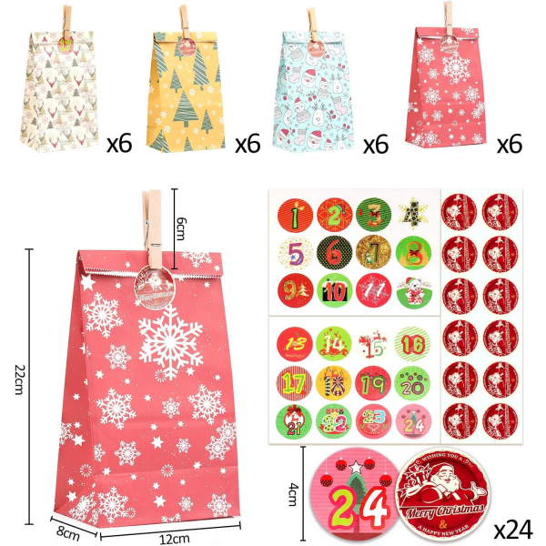 24 stk Adventskalender, 24 stk Papirposer, Fargerike Gaveposer