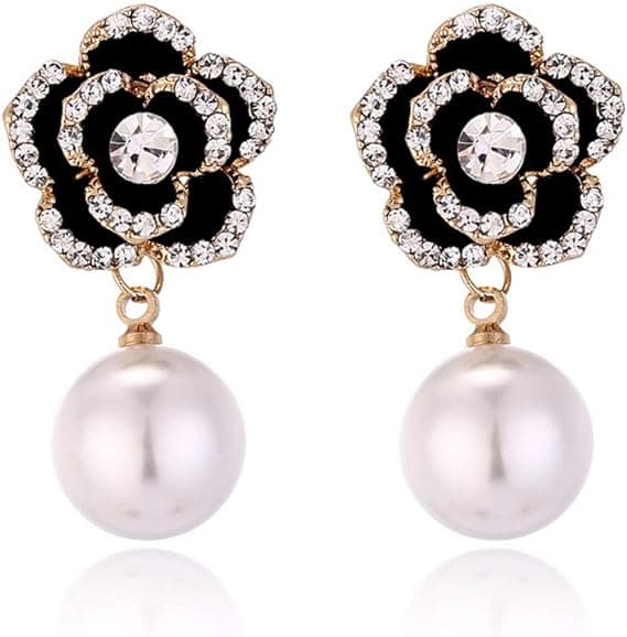 Kvinde Imitation Pearl Rose Charm Dangle Drop Øreringe
